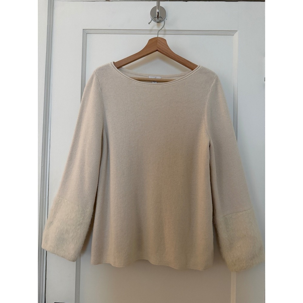 J. Jill Womens Cream Knit Boat Neck Sweater with Faux Fur Cuffs Ivory Size M